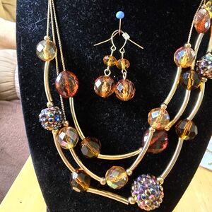 Amber and Gold bead necklace & earring set